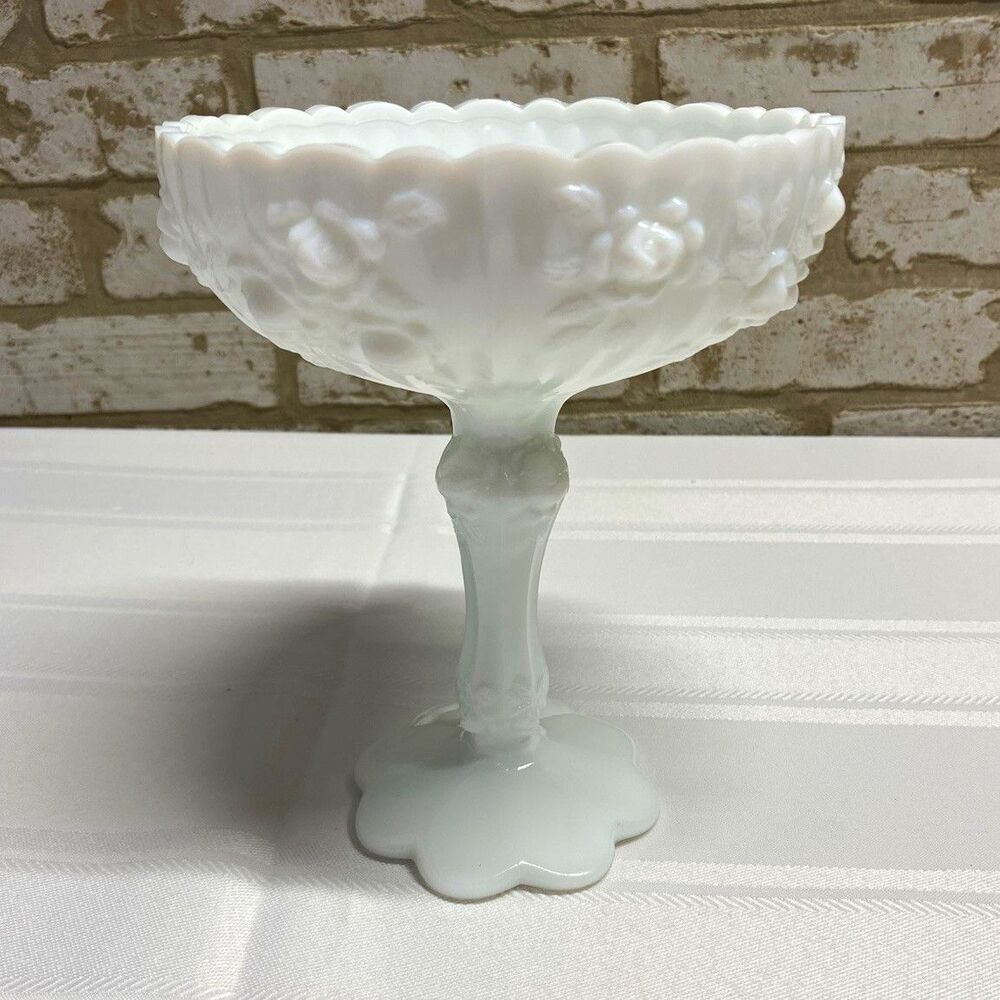 Vintage Fenton Cabbage Rose Milk Glass Compote Candy Dish Bowl White Roses